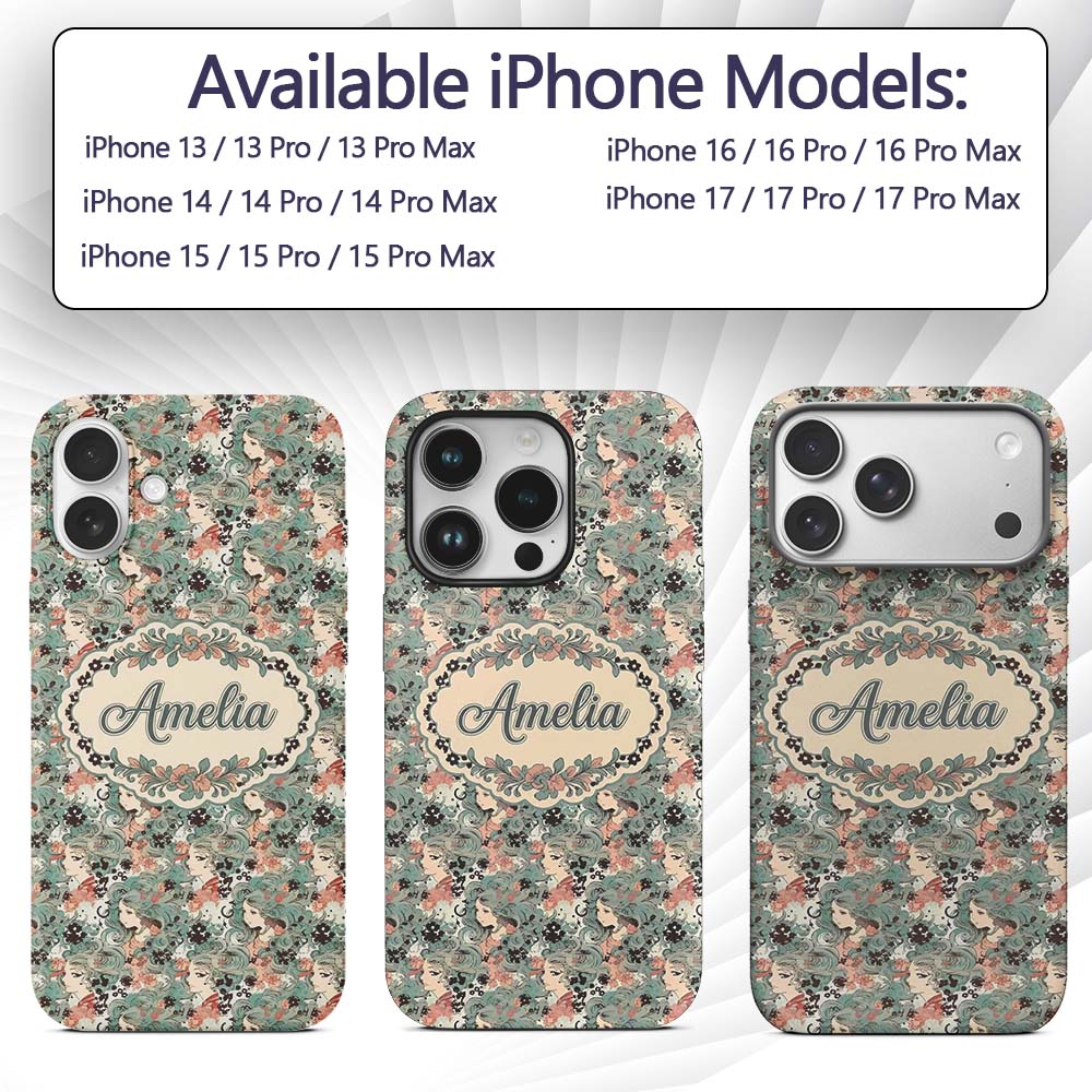 Elegant Woman Teal Hair Floral Artistic Pattern Custom Name Protective Phone Case Mobile Cover Durable Everyday Smartphone Shock Resistant