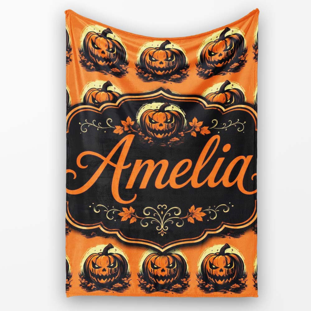 Spooky Jack O Lantern Orange Background Classic Halloween Seamless Personalised Custom Name Super Soft Fleece Blanket Bed Sofa Throw