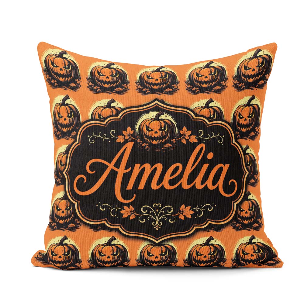 Custom Name Spooky O Lantern Orange Background Classic Halloween Square Filled Cushion Throw Pillow Sofa Bed Home Decor Zip Washable UK Made