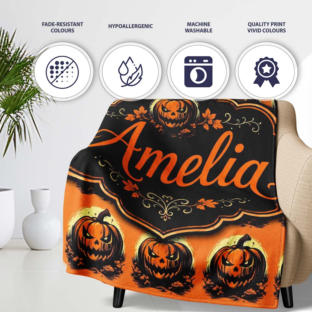 Spooky Jack O Lantern Orange Background Classic Halloween Seamless Personalised Custom Name Super Soft Fleece Blanket Bed Sofa Throw