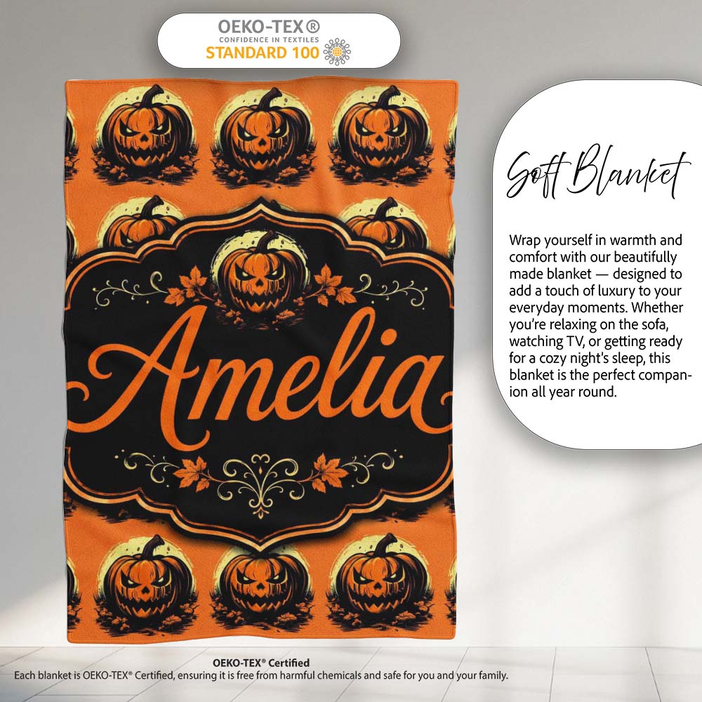 Spooky Jack O Lantern Orange Background Classic Halloween Seamless Personalised Custom Name Super Soft Fleece Blanket Bed Sofa Throw
