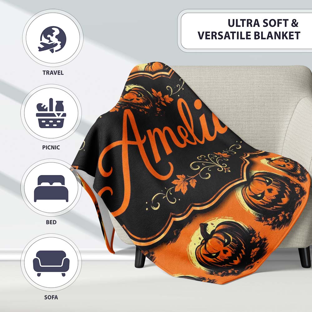 Spooky Jack O Lantern Orange Background Classic Halloween Seamless Personalised Custom Name Super Soft Fleece Blanket Bed Sofa Throw
