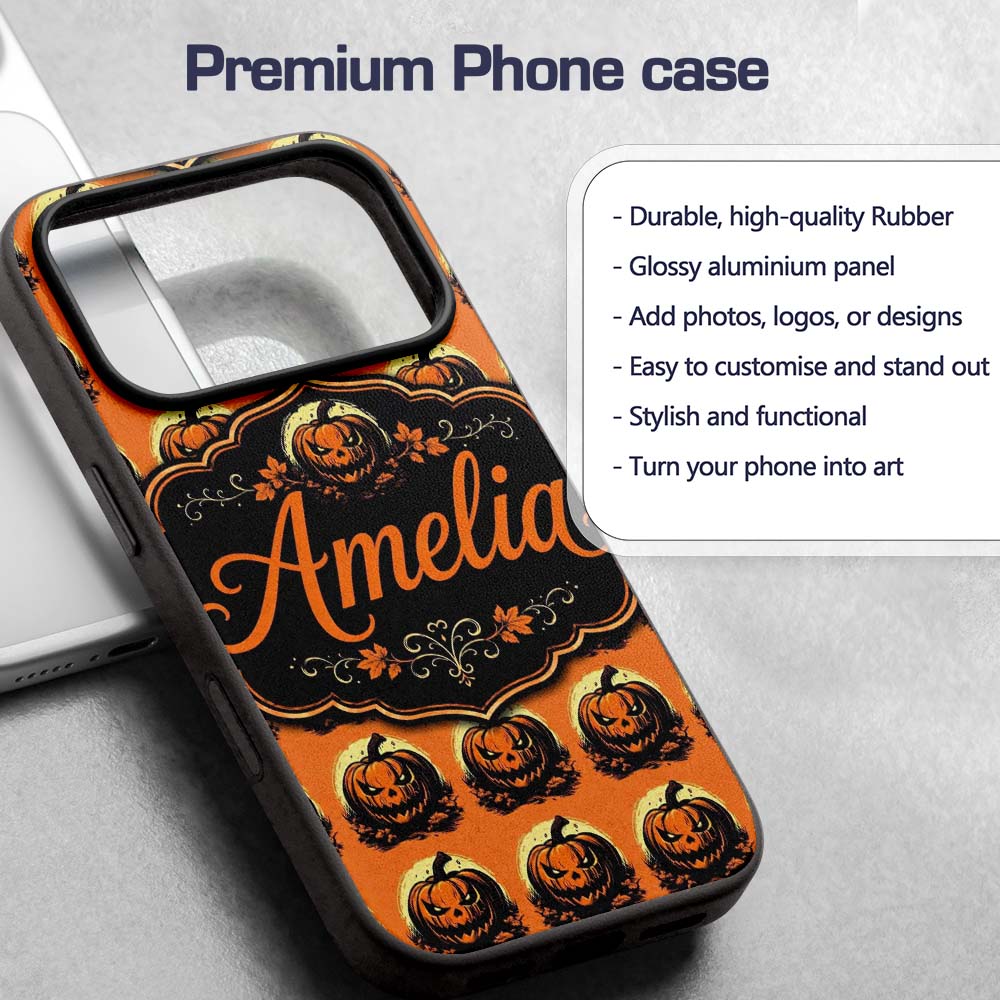 Spooky Jack O Lantern Orange Background Classic Custom Name Protective Phone Case Mobile Cover Durable Everyday Smartphone Shock Resistant