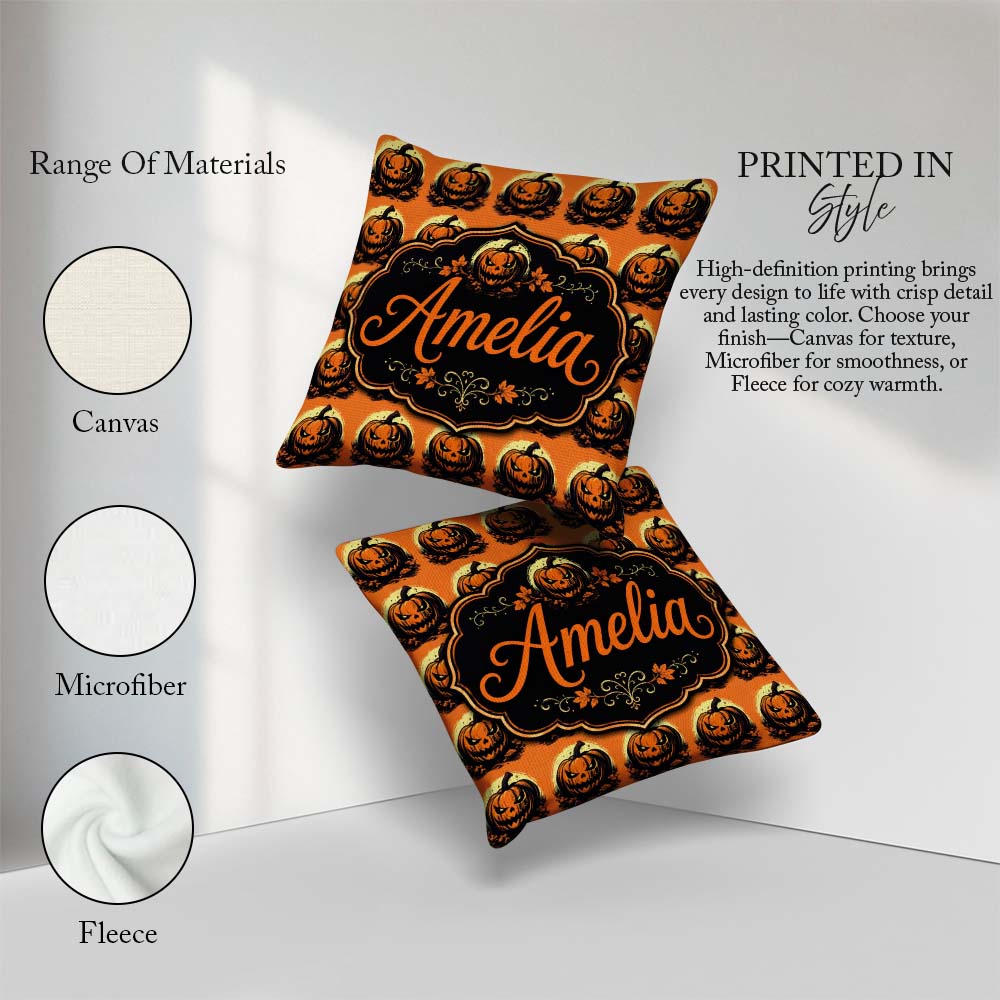 Custom Name Spooky O Lantern Orange Background Classic Halloween Square Filled Cushion Throw Pillow Sofa Bed Home Decor Zip Washable UK Made