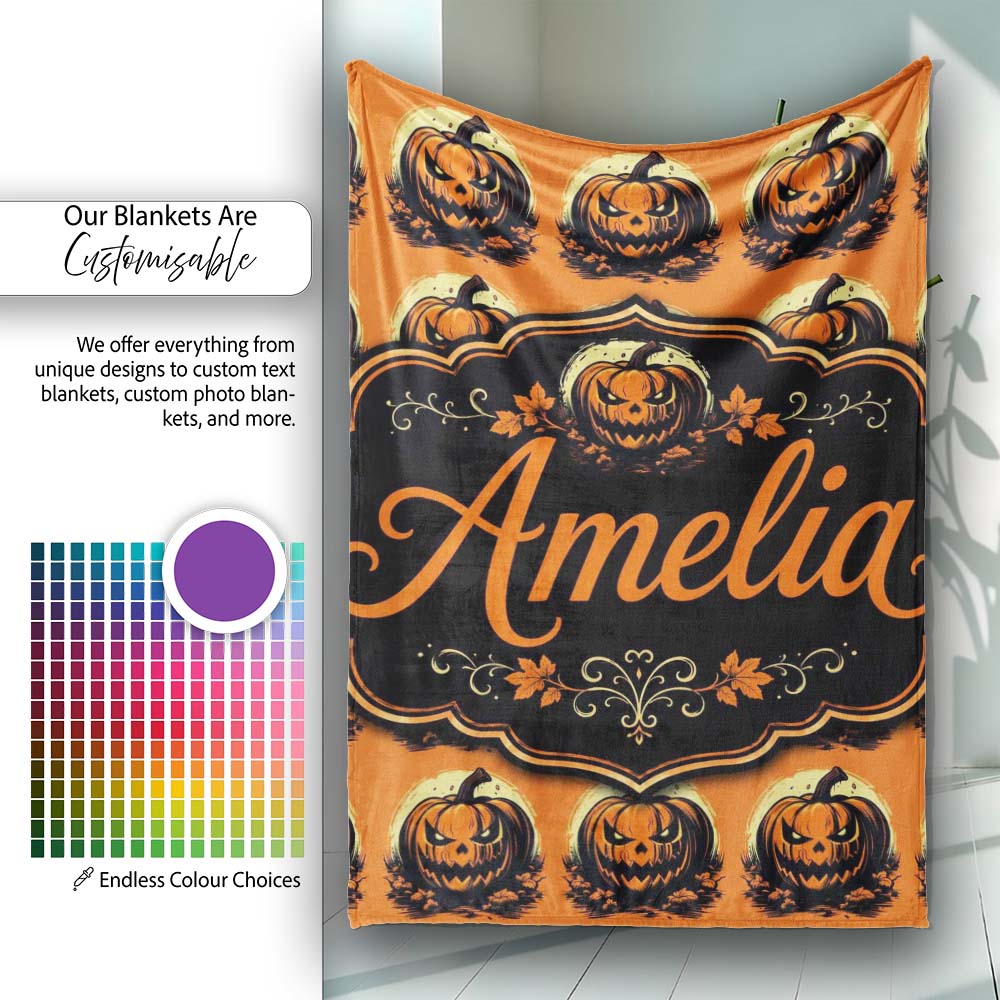 Spooky Jack O Lantern Orange Background Classic Halloween Seamless Personalised Custom Name Super Soft Fleece Blanket Bed Sofa Throw