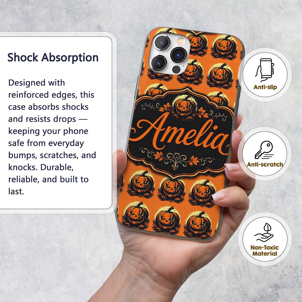Spooky Jack O Lantern Orange Background Classic Custom Name Protective Phone Case Mobile Cover Durable Everyday Smartphone Shock Resistant