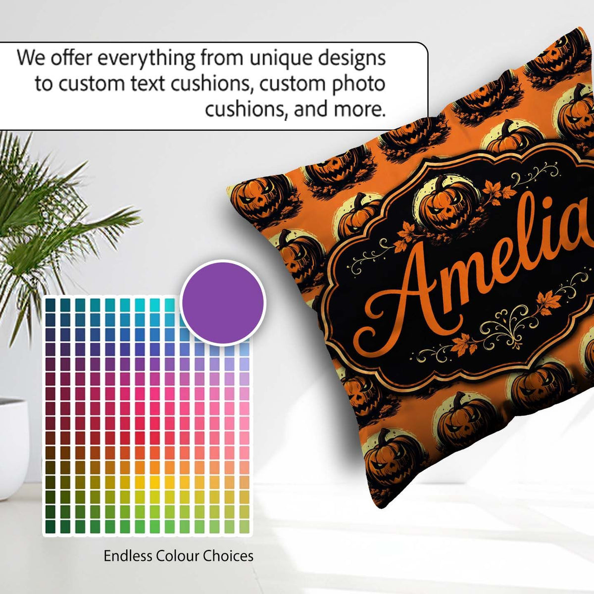 Custom Name Spooky O Lantern Orange Background Classic Halloween Square Filled Cushion Throw Pillow Sofa Bed Home Decor Zip Washable UK Made