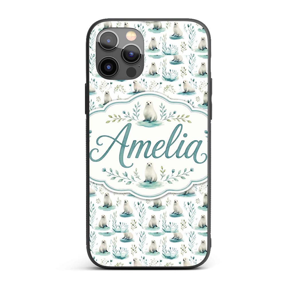 Cute Baby Seal Pups with Seaweed Soft Pastel Custom Name Protective Phone Case Mobile Cover Durable Everyday Smartphone Shock Resistant