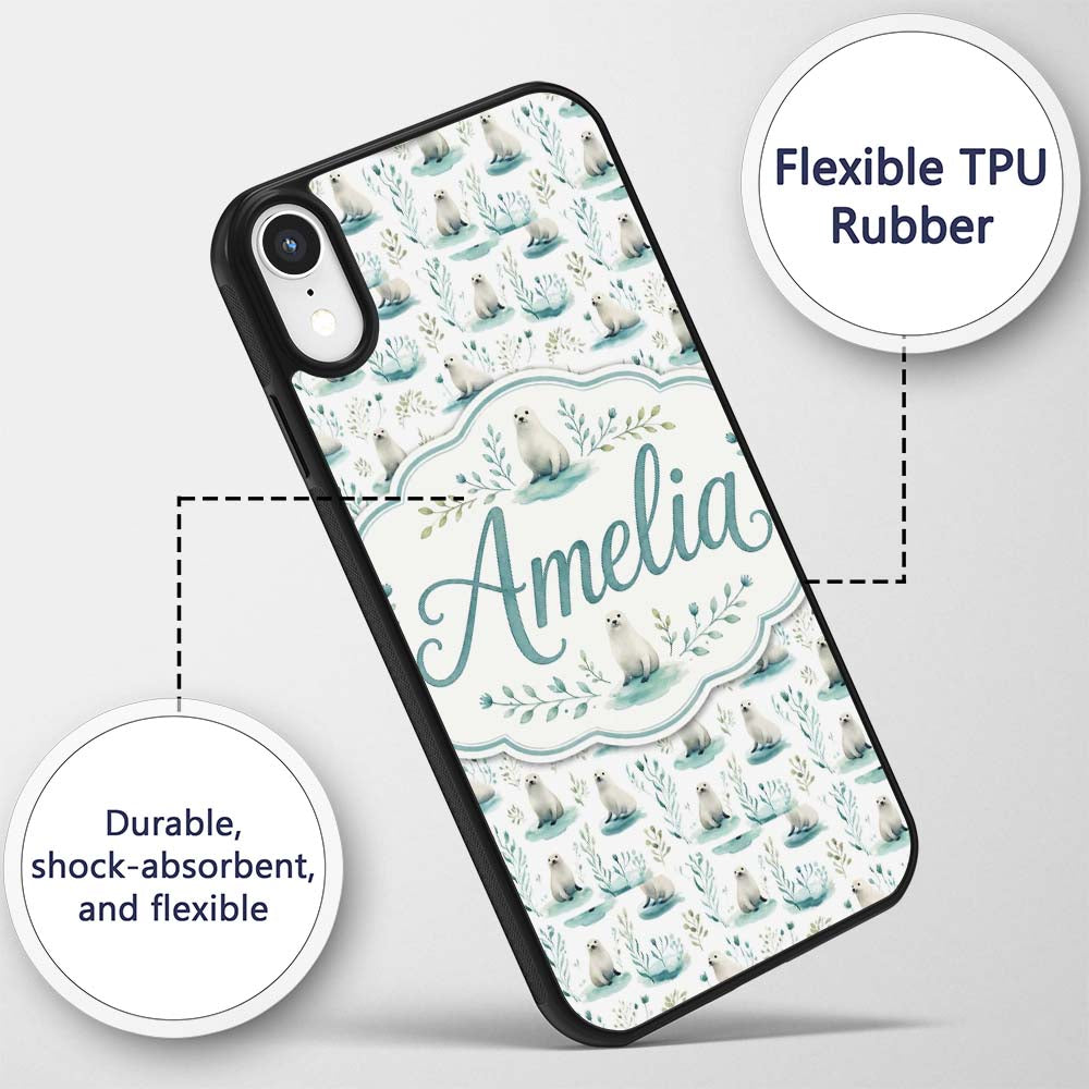 Cute Baby Seal Pups with Seaweed Soft Pastel Custom Name Protective Phone Case Mobile Cover Durable Everyday Smartphone Shock Resistant
