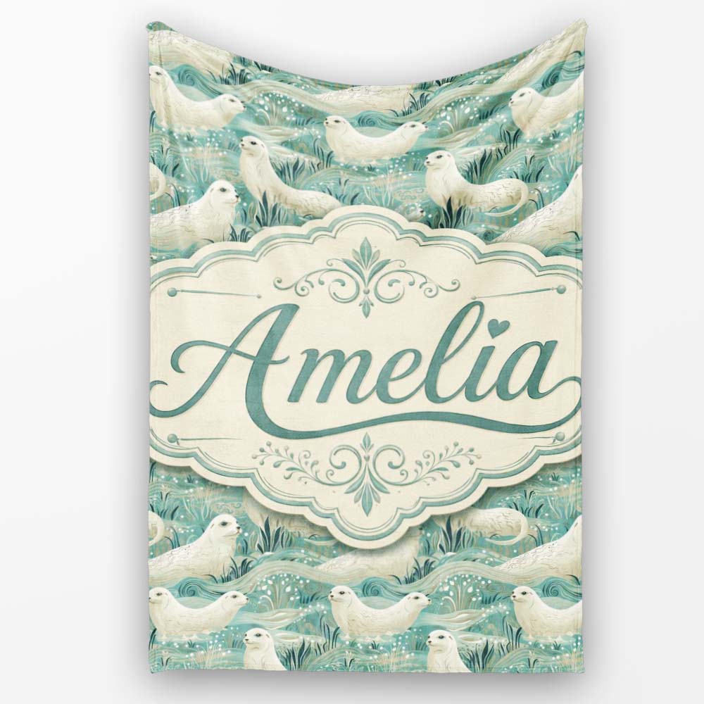 Elegant Swimming Seals in Ocean Waves Teal Decorative Seamless Personalised Custom Name Super Soft Fleece Blanket Bed Sofa Throw