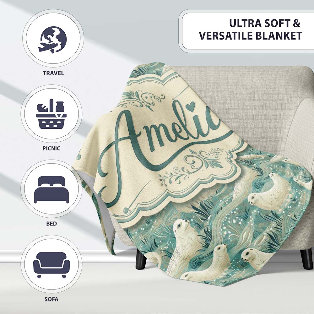 Elegant Swimming Seals in Ocean Waves Teal Decorative Seamless Personalised Custom Name Super Soft Fleece Blanket Bed Sofa Throw