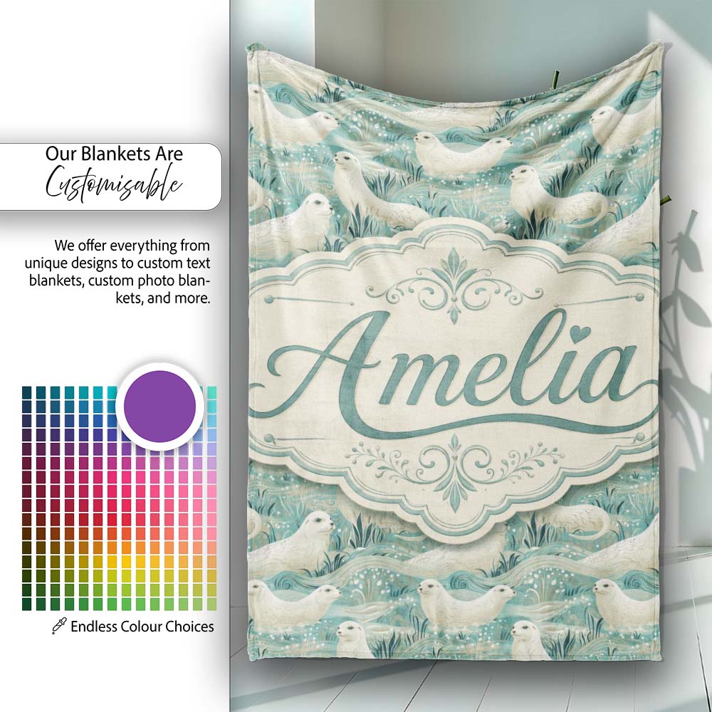 Elegant Swimming Seals in Ocean Waves Teal Decorative Seamless Personalised Custom Name Super Soft Fleece Blanket Bed Sofa Throw