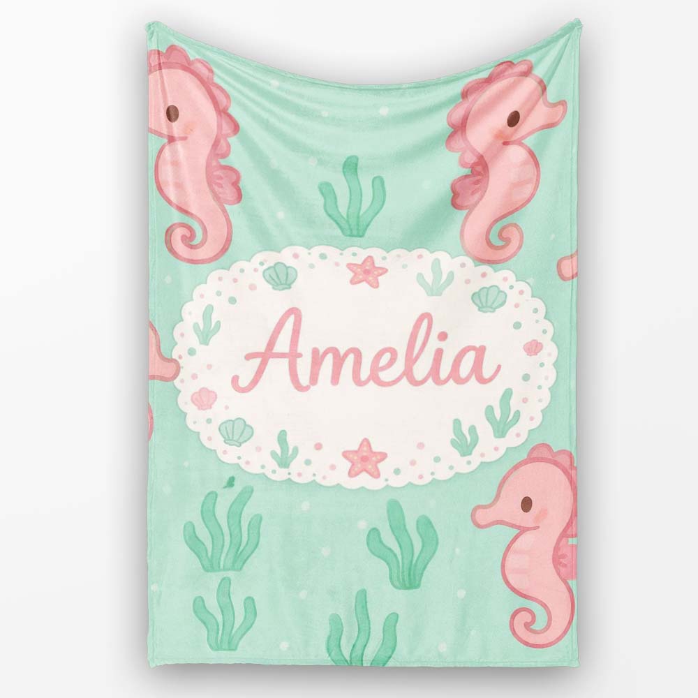 Cute Seahorse Ocean Cartoon Animal Pattern Stylish Everyday Personalised Custom Name Super Soft Fleece Blanket Bed Sofa Throw