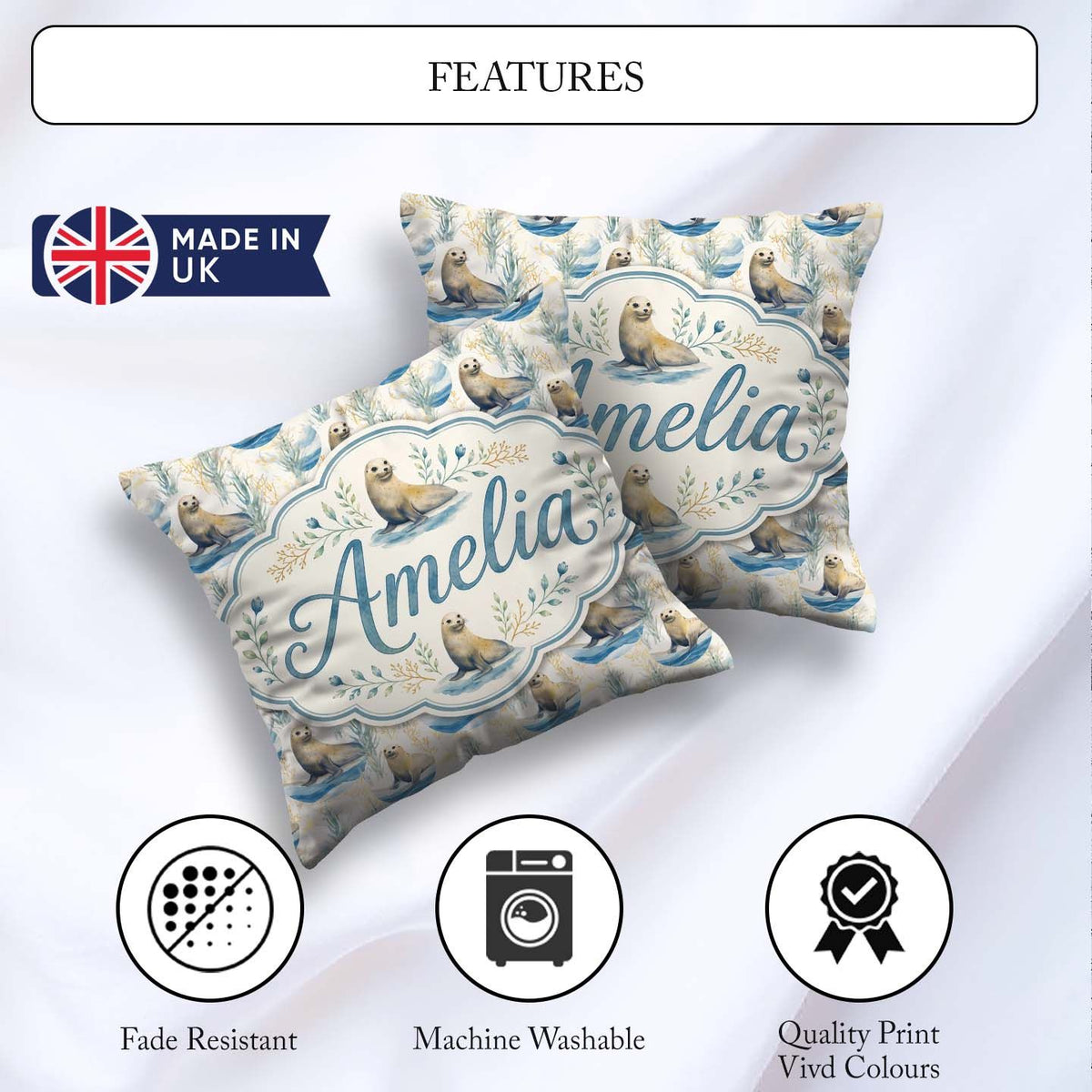 Custom Name Adorable Seal with Coastal Plants Soft Circle Layout Square Filled Cushion Throw Pillow Sofa Bed Home Decor Zip Washable UK Made