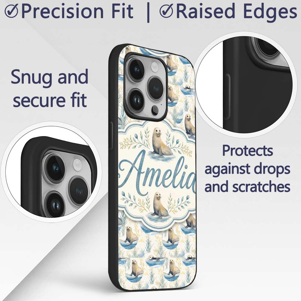 Adorable Seal Illustration with Coastal Plants Custom Name Protective Phone Case Mobile Cover Durable Everyday Smartphone Shock Resistant
