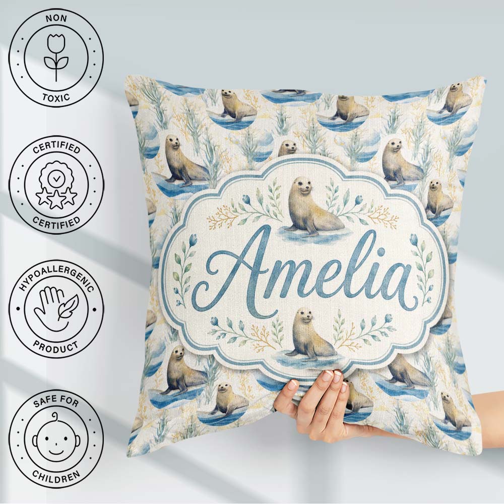 Custom Name Adorable Seal with Coastal Plants Soft Circle Layout Square Filled Cushion Throw Pillow Sofa Bed Home Decor Zip Washable UK Made