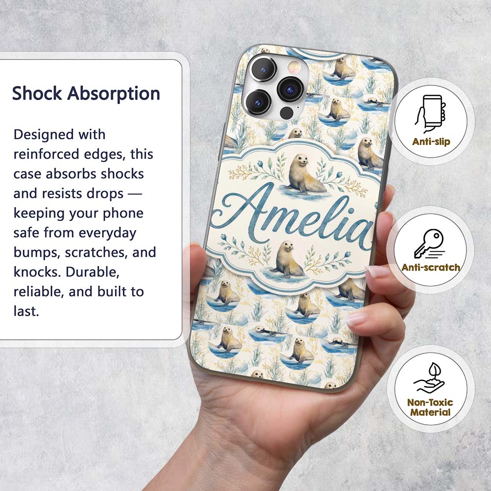 Adorable Seal Illustration with Coastal Plants Custom Name Protective Phone Case Mobile Cover Durable Everyday Smartphone Shock Resistant