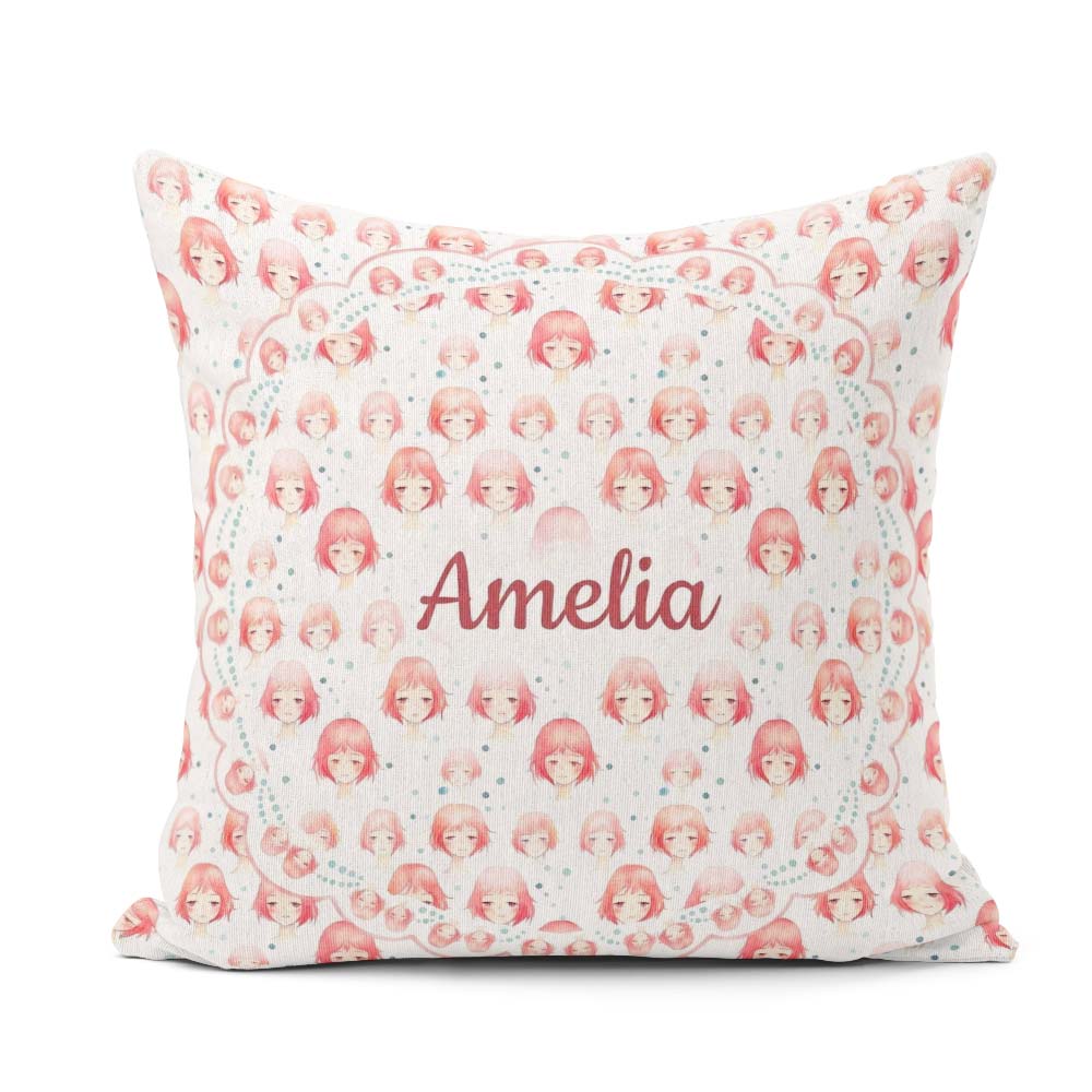 Custom Name Soft Anime Faces Pastel Pink Kawaii Character Design Square Filled Cushion Throw Pillow Sofa Bed Home Decor Zip Washable UK Made