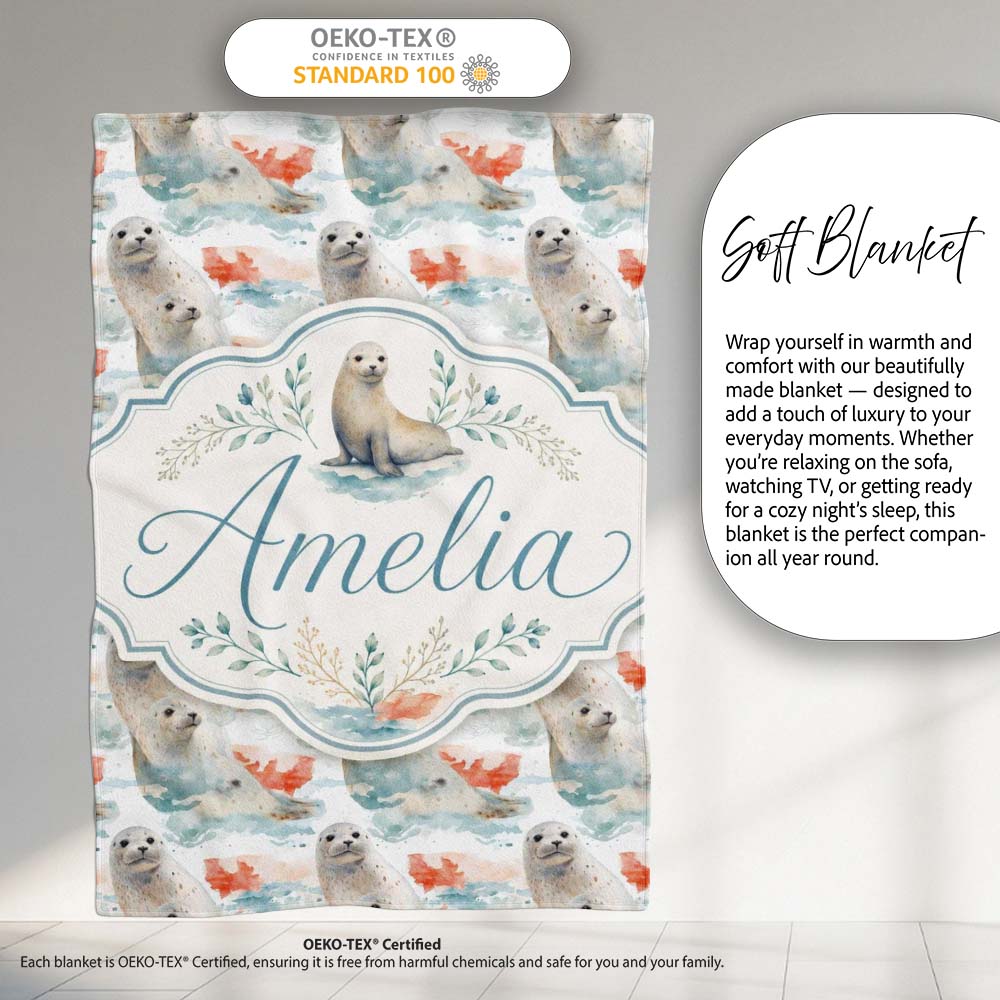 Watercolour Seal Pair with Soft Coral Splash Background Seamless Personalised Custom Name Super Soft Fleece Blanket Bed Sofa Throw