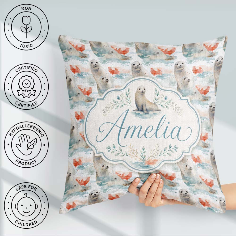 Custom Name Seal Pair with Soft Coral Splash Background Seamless Square Filled Cushion Throw Pillow Sofa Bed Home Decor Zip Washable UK Made