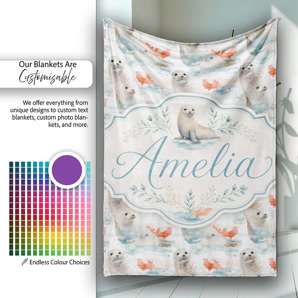 Watercolour Seal Pair with Soft Coral Splash Background Seamless Personalised Custom Name Super Soft Fleece Blanket Bed Sofa Throw