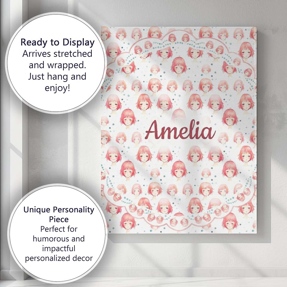 Personalised Name Soft Anime Faces Pastel Pink Pattern Kawaii Custom Contemporary Display Canvas Wall Art Print Decor Picture Ready to Hang