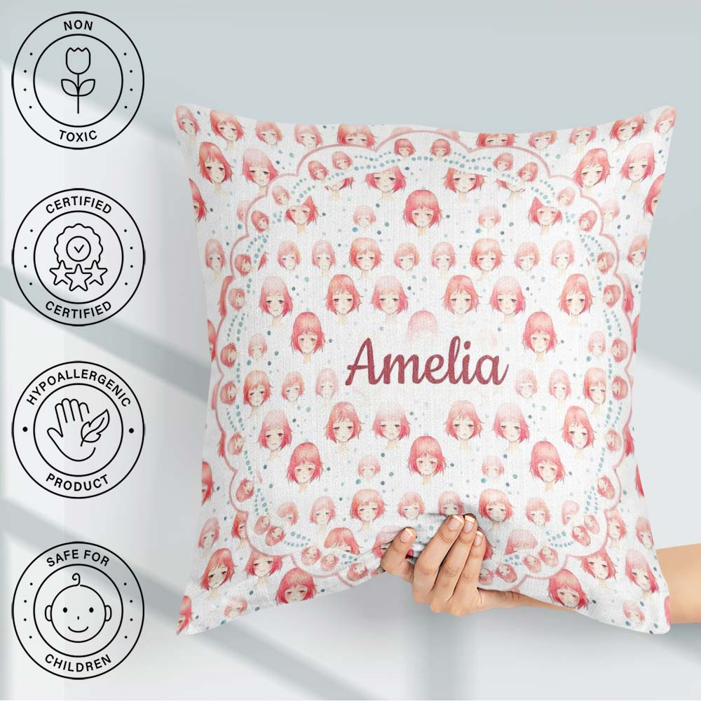 Custom Name Soft Anime Faces Pastel Pink Kawaii Character Design Square Filled Cushion Throw Pillow Sofa Bed Home Decor Zip Washable UK Made