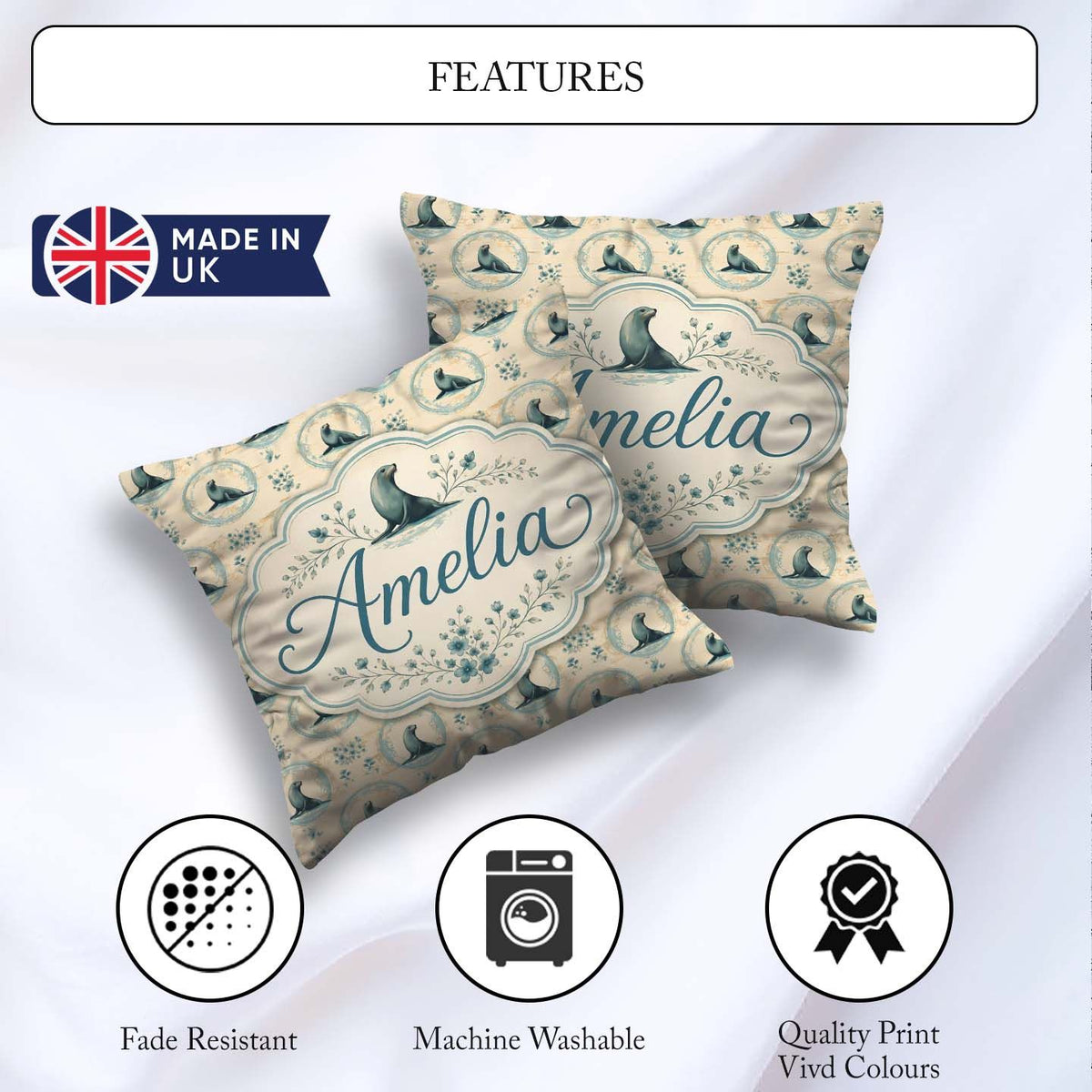 Custom Name Elegant Seal Cameo Frames with Floral Beige Seamless Square Filled Cushion Throw Pillow Sofa Bed Home Decor Zip Washable UK Made