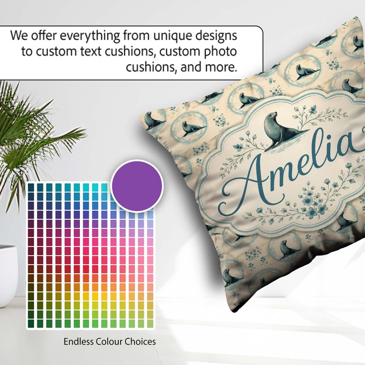 Custom Name Elegant Seal Cameo Frames with Floral Beige Seamless Square Filled Cushion Throw Pillow Sofa Bed Home Decor Zip Washable UK Made