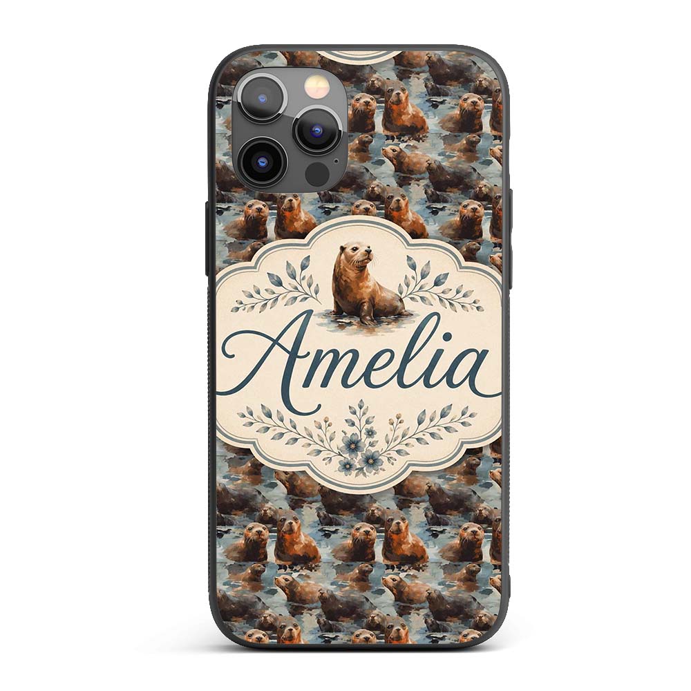Cute Cartoon Seal Shapes in Blue Minimal Modern Custom Name Protective Phone Case Mobile Cover Durable Everyday Smartphone Shock Resistant