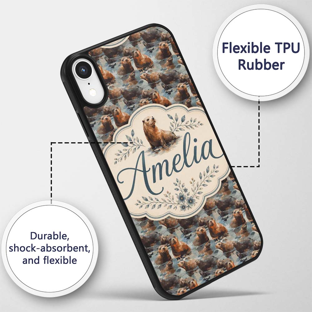 Cute Cartoon Seal Shapes in Blue Minimal Modern Custom Name Protective Phone Case Mobile Cover Durable Everyday Smartphone Shock Resistant