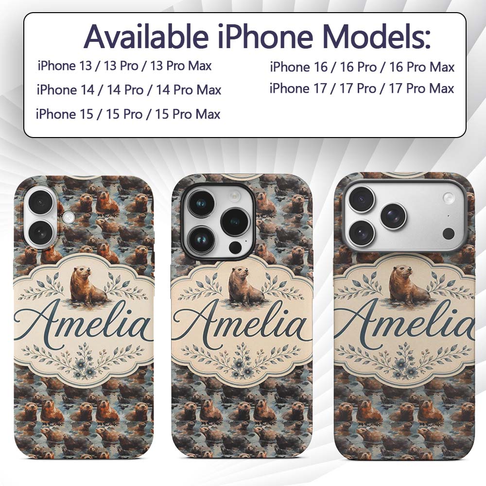 Cute Cartoon Seal Shapes in Blue Minimal Modern Custom Name Protective Phone Case Mobile Cover Durable Everyday Smartphone Shock Resistant