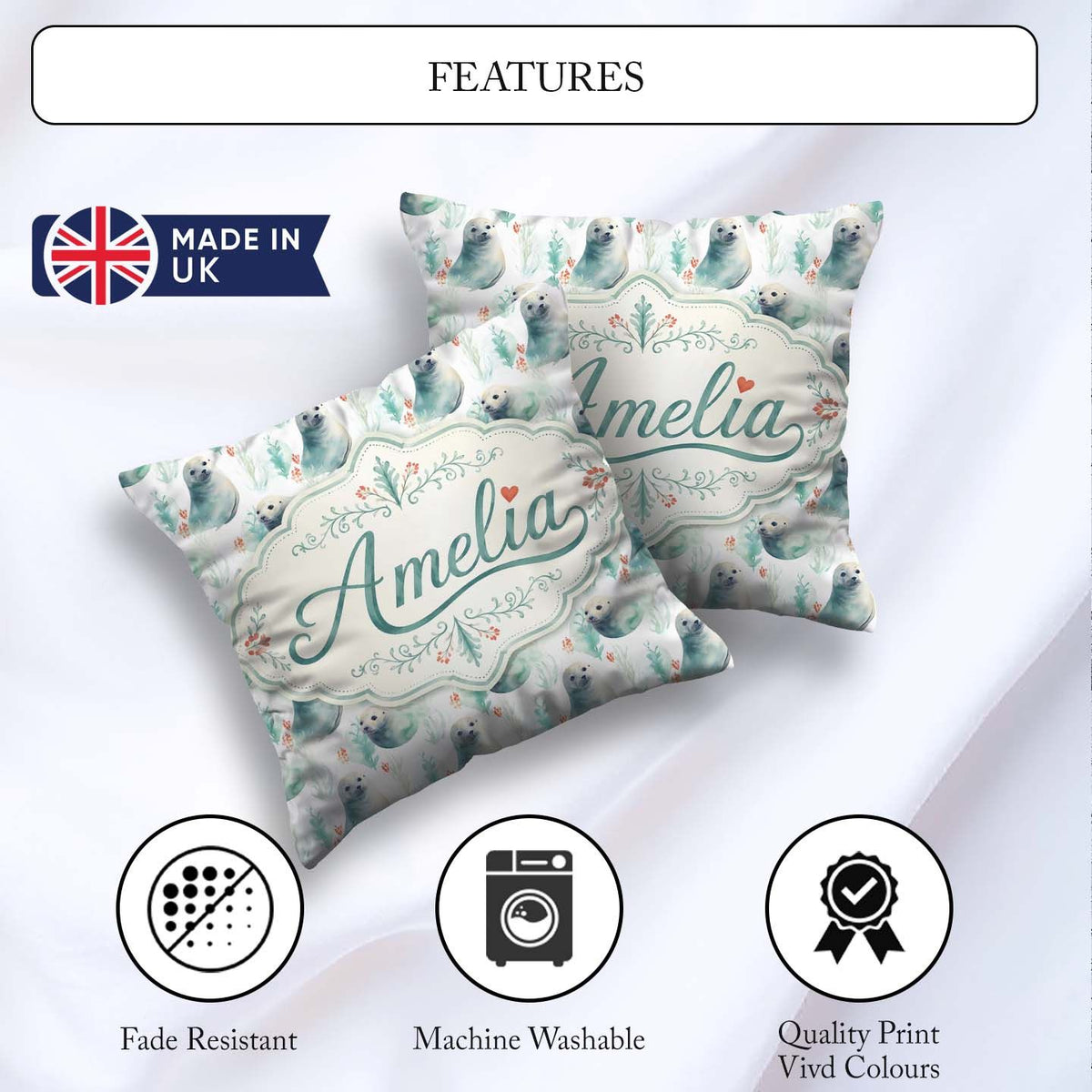 Custom Name Painterly Seals Swimming in Deep Blue Ocean Artistic Square Filled Cushion Throw Pillow Sofa Bed Home Decor Zip Washable UK Made