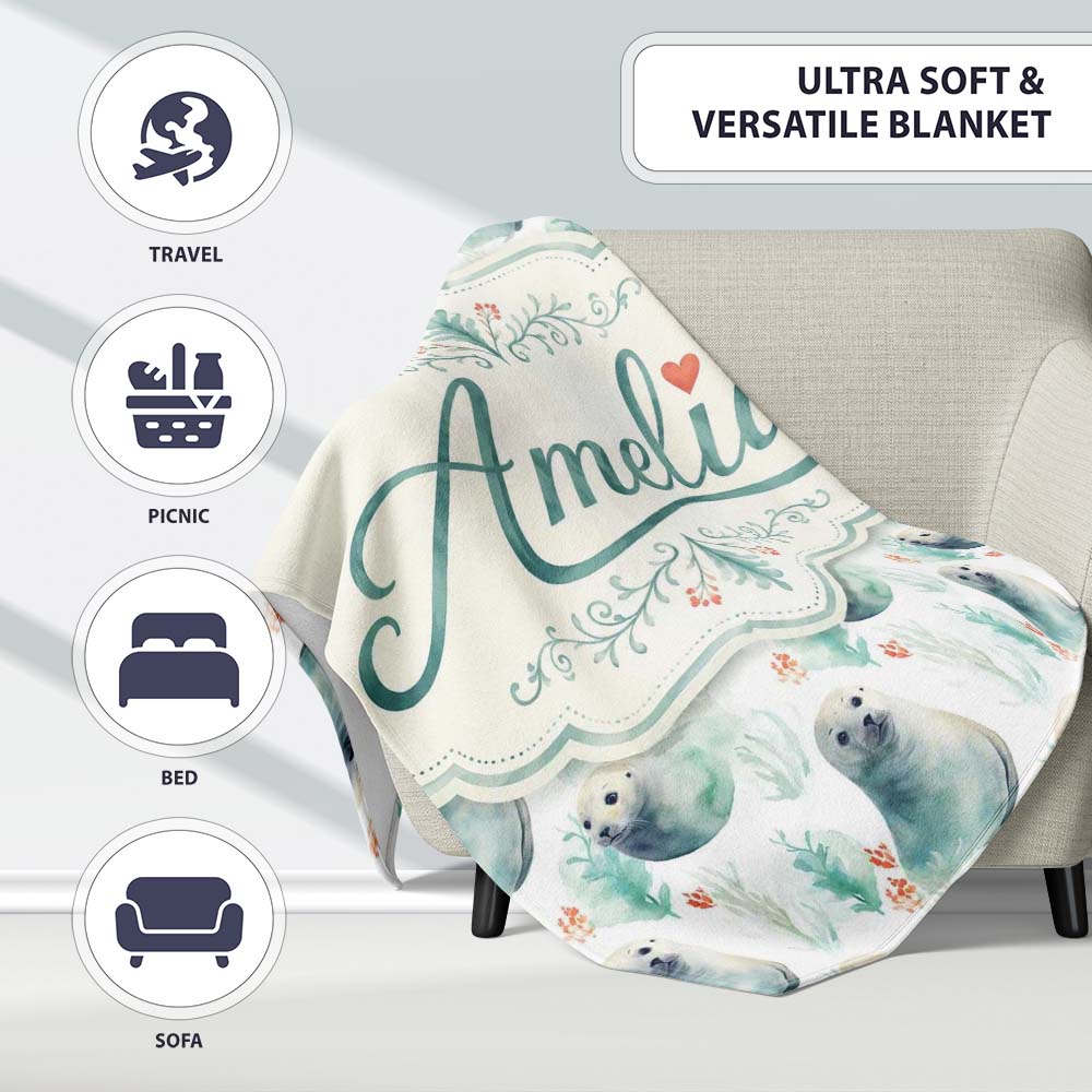 Painterly Seals Swimming in Deep Blue Ocean Artistic Seamless Lovely Personalised Custom Name Super Soft Fleece Blanket Bed Sofa Throw