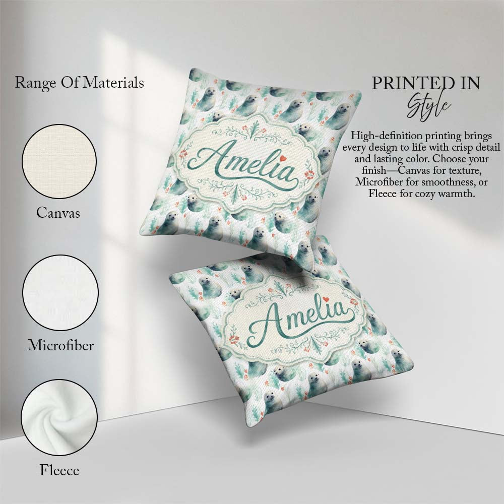 Custom Name Painterly Seals Swimming in Deep Blue Ocean Artistic Square Filled Cushion Throw Pillow Sofa Bed Home Decor Zip Washable UK Made