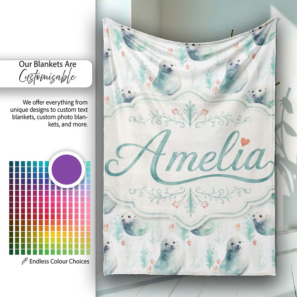 Painterly Seals Swimming in Deep Blue Ocean Artistic Seamless Lovely Personalised Custom Name Super Soft Fleece Blanket Bed Sofa Throw