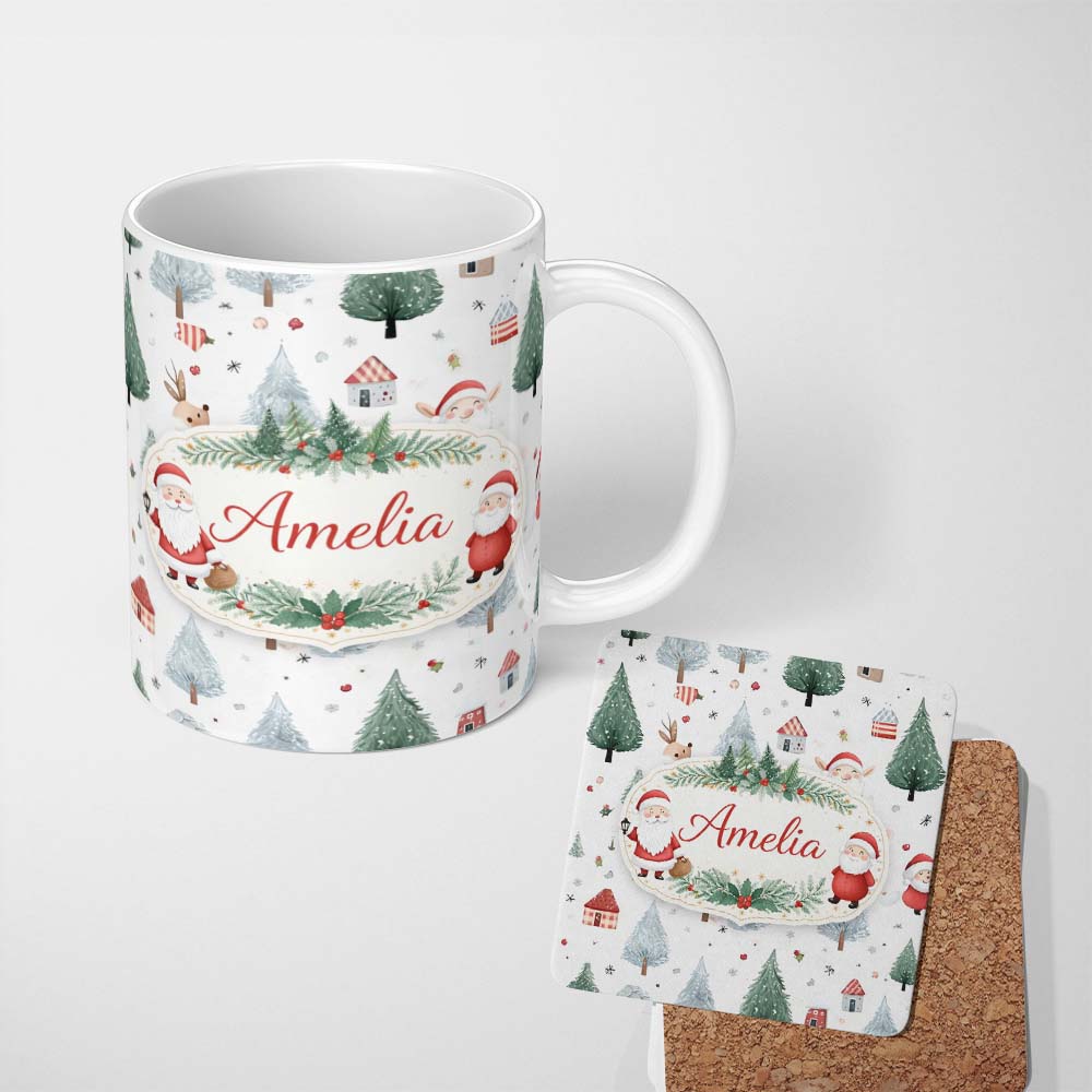 Personalized Custom Name Cute Christmas Santa Reindeer Tree Pattern Kids Festive Seamless 11oz Ceramic Coffee Tea Mug White Large Handle