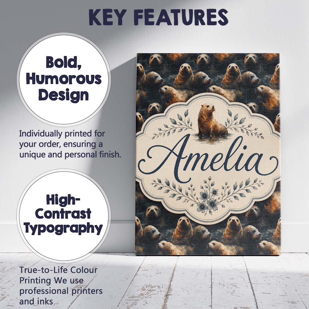 Personalised Name Warm Brown Seals in Water Custom Bespoke Interior Contemporary Canvas Wall Art Print Decor Picture Ready to Hang