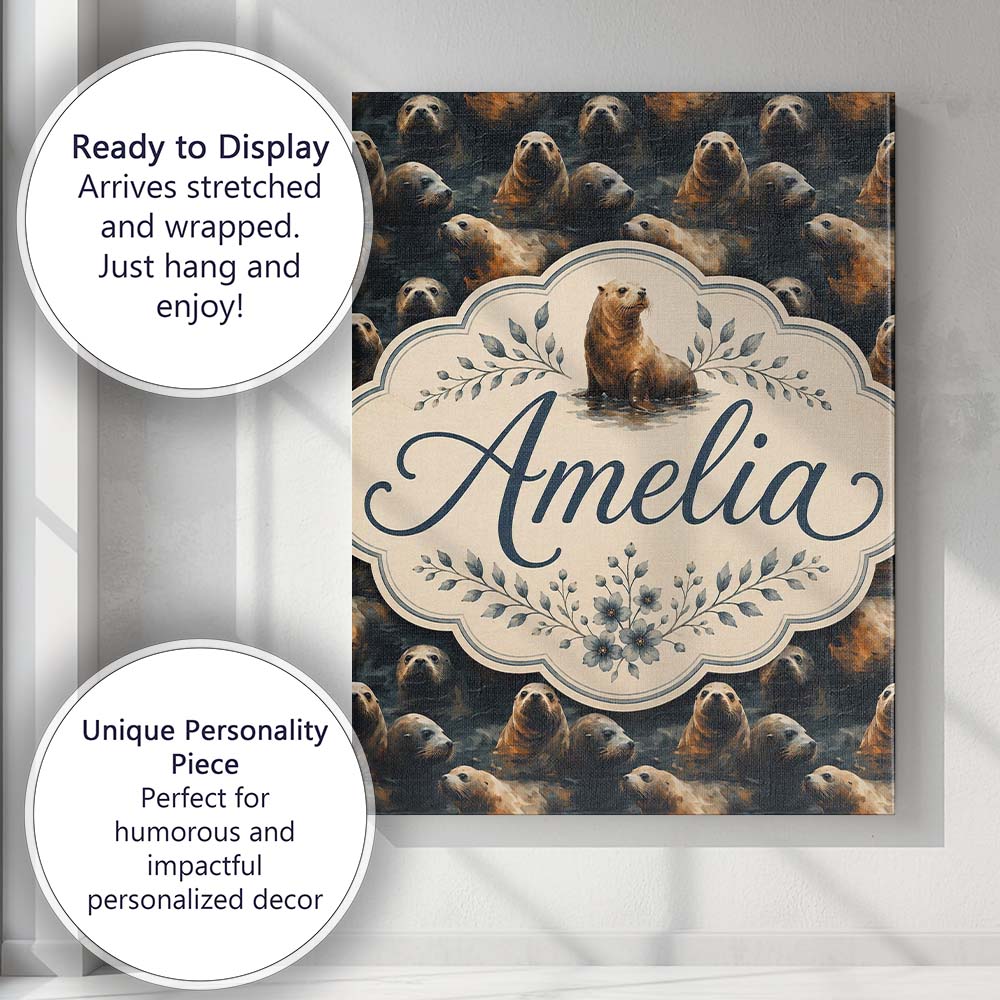 Personalised Name Warm Brown Seals in Water Custom Bespoke Interior Contemporary Canvas Wall Art Print Decor Picture Ready to Hang