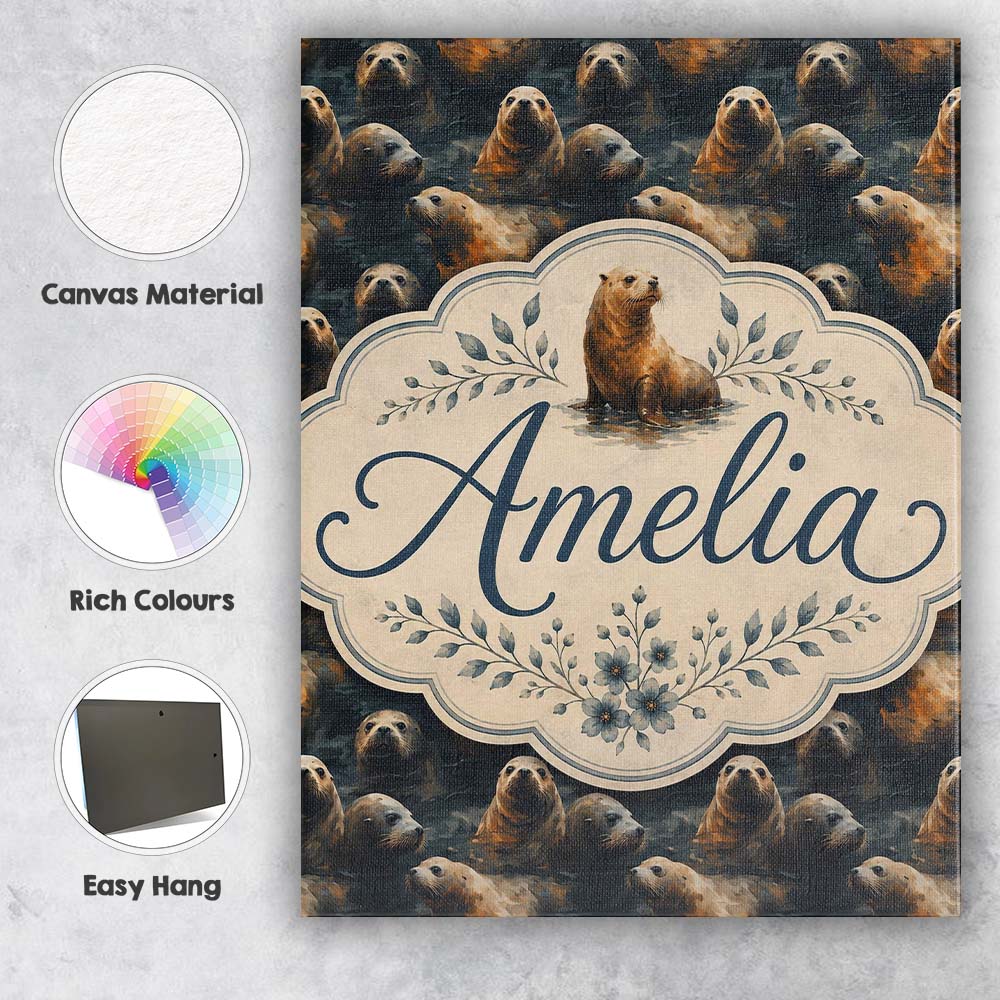 Personalised Name Warm Brown Seals in Water Custom Bespoke Interior Contemporary Canvas Wall Art Print Decor Picture Ready to Hang