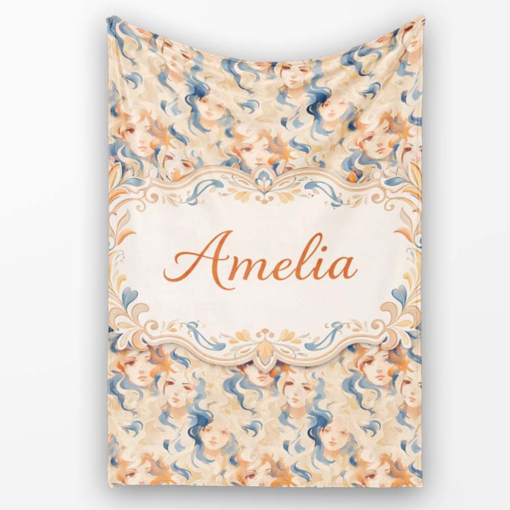 Artistic Female Portrait Cream Blue Abstract Pattern Lovely Personalised Custom Name Super Soft Fleece Blanket Bed Sofa Throw