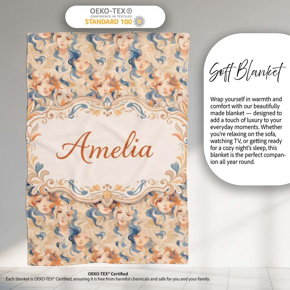 Artistic Female Portrait Cream Blue Abstract Pattern Lovely Personalised Custom Name Super Soft Fleece Blanket Bed Sofa Throw