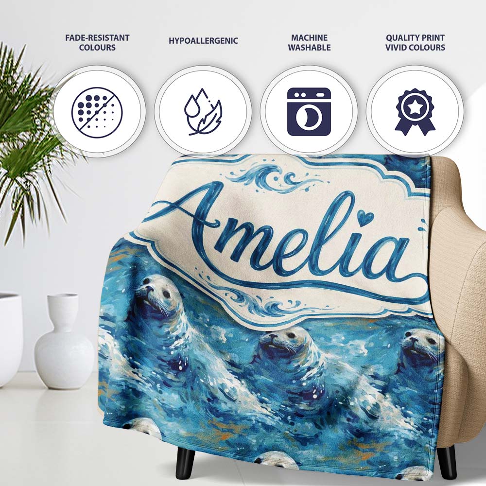 Simple Seal Silhouettes with Leaf Motif Clean Design Seamless Lovely Personalised Custom Name Super Soft Fleece Blanket Bed Sofa Throw