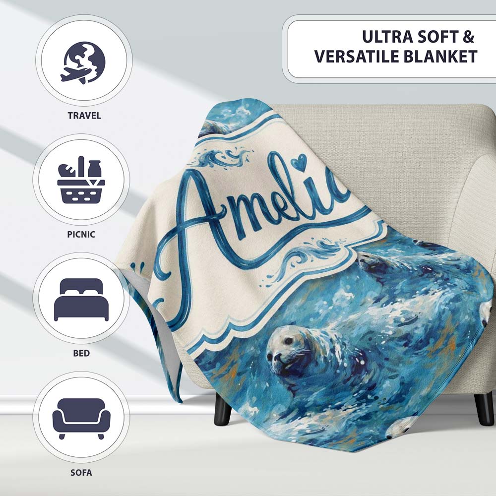 Simple Seal Silhouettes with Leaf Motif Clean Design Seamless Lovely Personalised Custom Name Super Soft Fleece Blanket Bed Sofa Throw