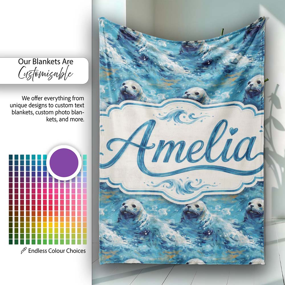 Simple Seal Silhouettes with Leaf Motif Clean Design Seamless Lovely Personalised Custom Name Super Soft Fleece Blanket Bed Sofa Throw