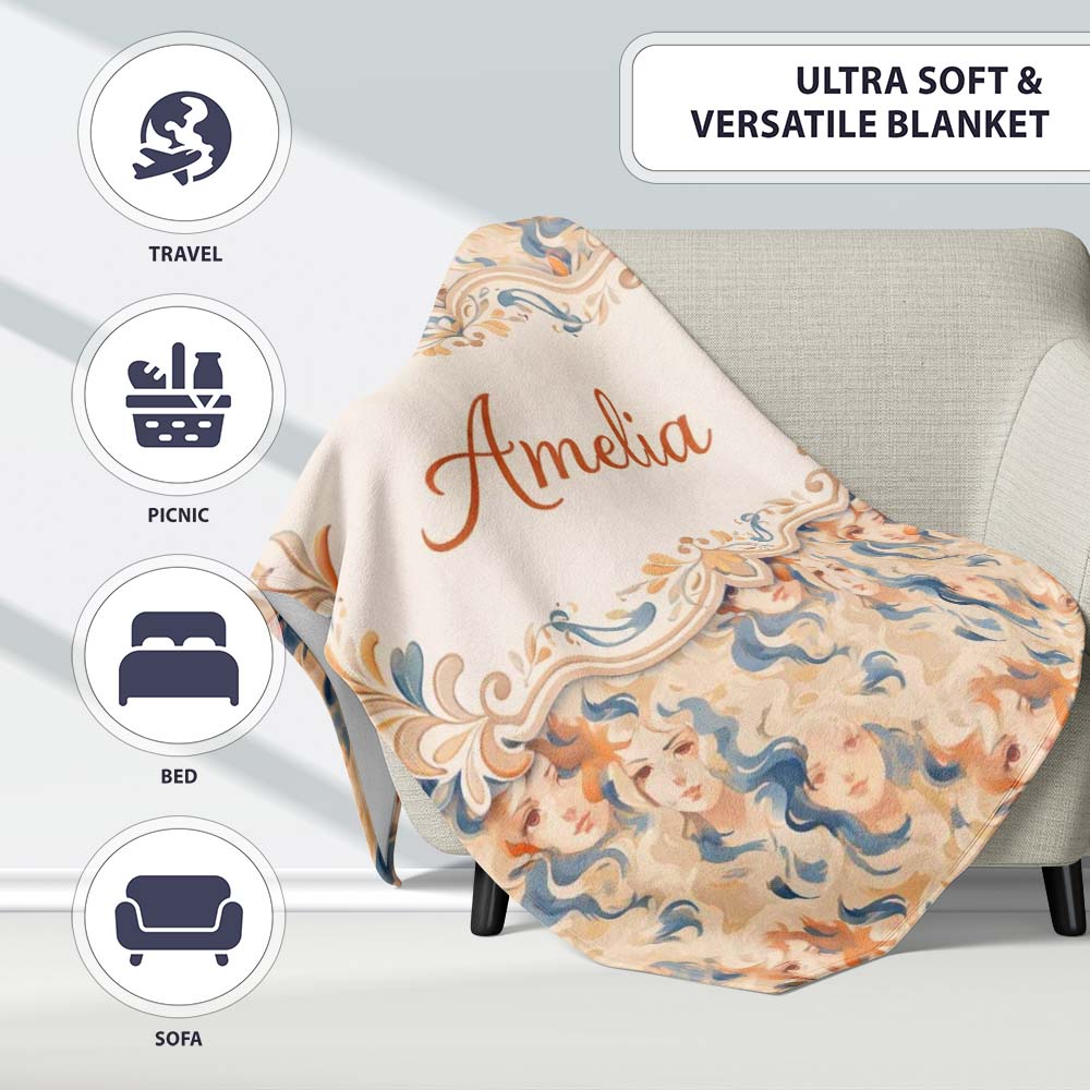 Artistic Female Portrait Cream Blue Abstract Pattern Lovely Personalised Custom Name Super Soft Fleece Blanket Bed Sofa Throw