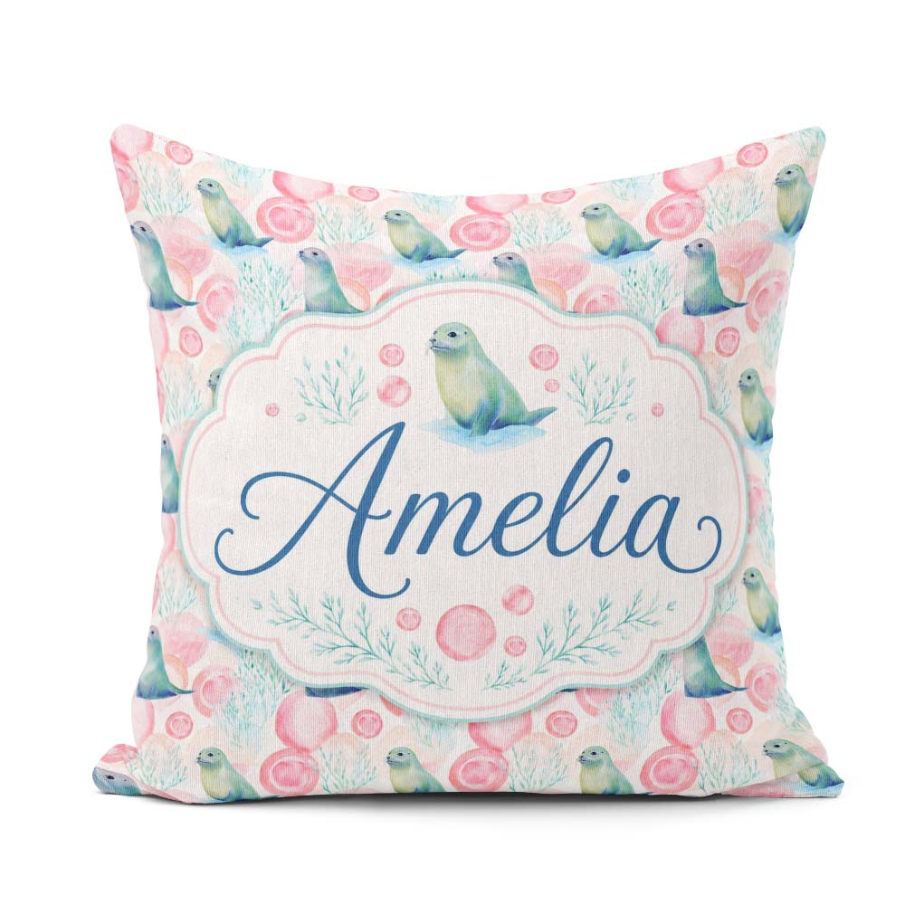 Custom Name Playful Blue Seal Characters Minimal Repeat Seamless Square Filled Cushion Throw Pillow Sofa Bed Home Decor Zip Washable UK Made