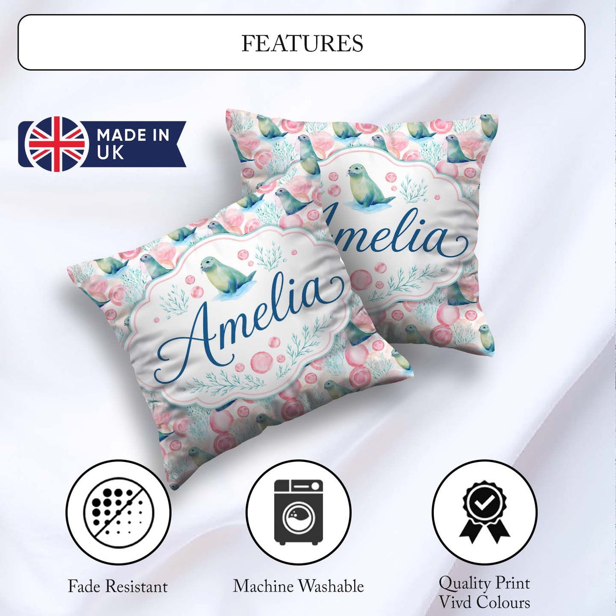 Custom Name Playful Blue Seal Characters Minimal Repeat Seamless Square Filled Cushion Throw Pillow Sofa Bed Home Decor Zip Washable UK Made