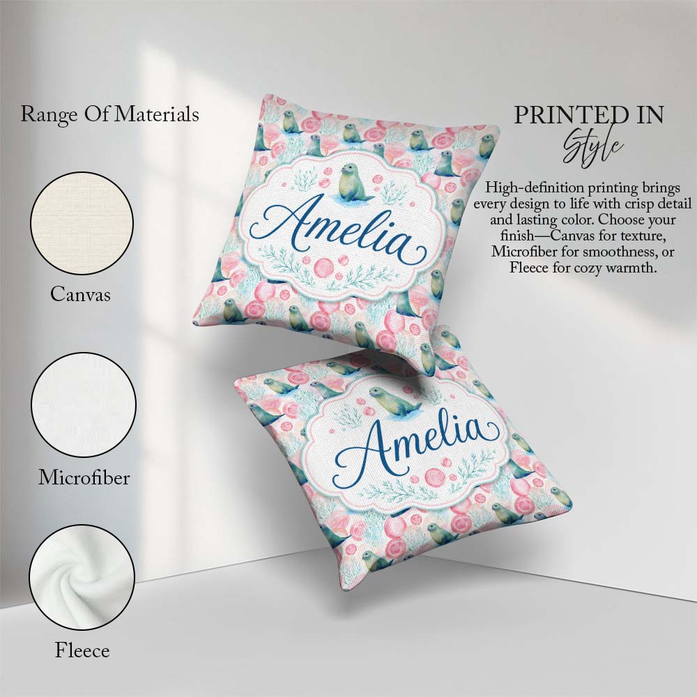Custom Name Playful Blue Seal Characters Minimal Repeat Seamless Square Filled Cushion Throw Pillow Sofa Bed Home Decor Zip Washable UK Made