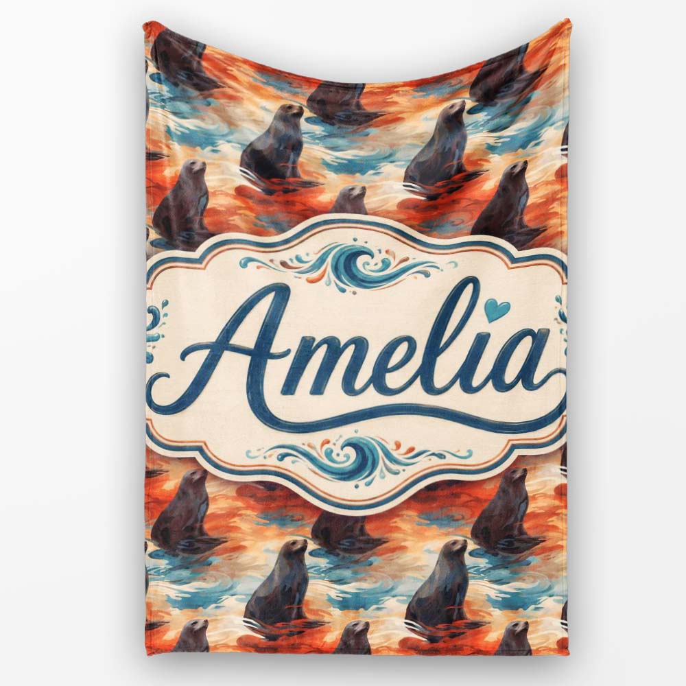Bright Blue Ocean Seal Swimming Waves Artistic Seamless Pattern Personalised Custom Name Super Soft Fleece Blanket Bed Sofa Throw